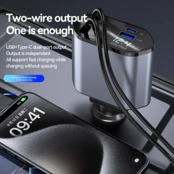 Retractable Car Charger with Type C, I-Phone Cable 4 in 1 - Image 3