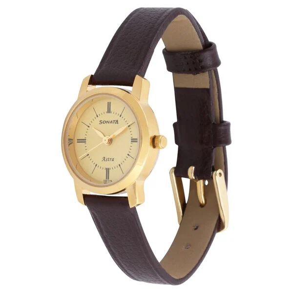 Sonata Quartz Analog Champagne Dial Leather Strap Watch for Women - Image 2