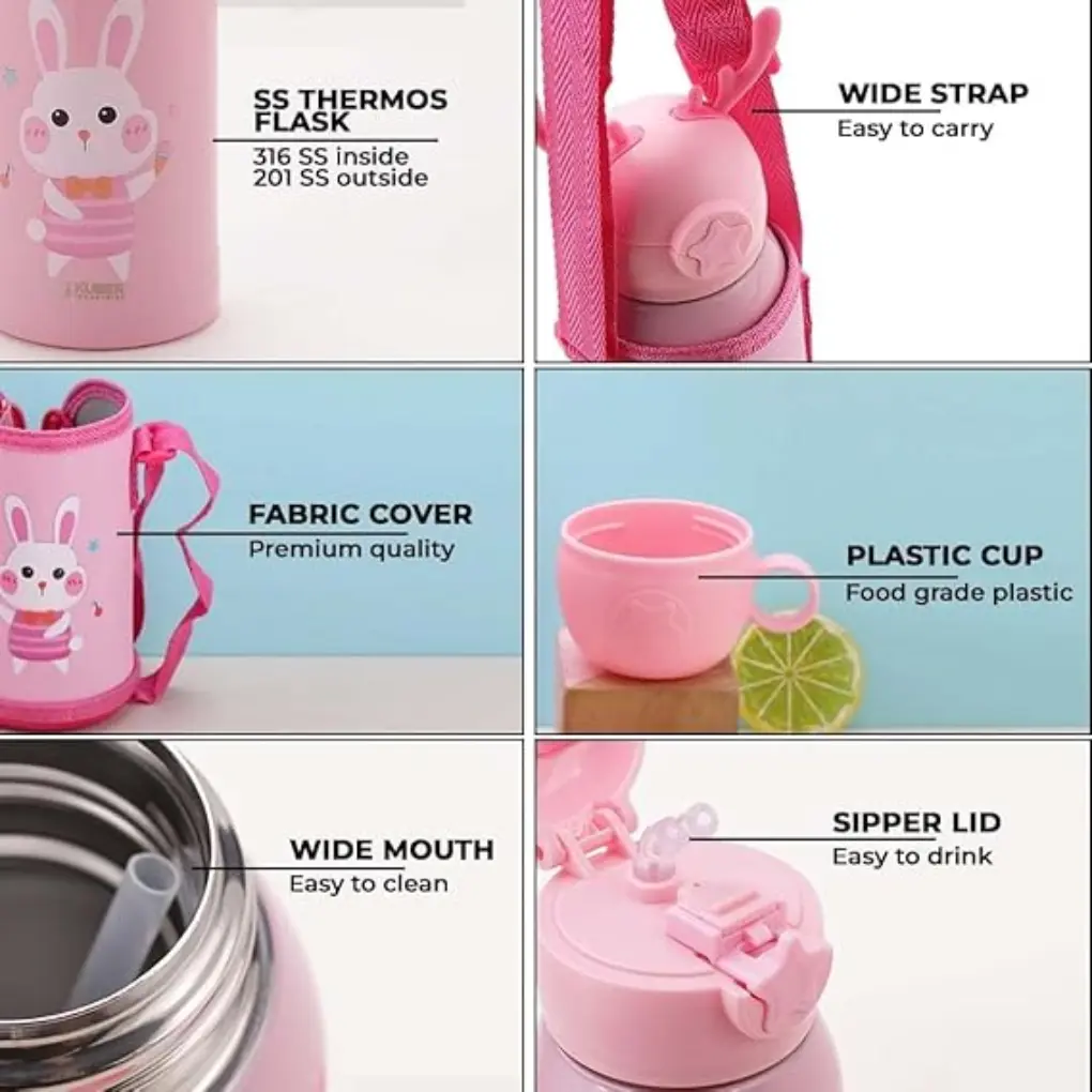 Bunny Design Stainless Steel Flask with Straw, Cup & Fabric Cover - Image 4