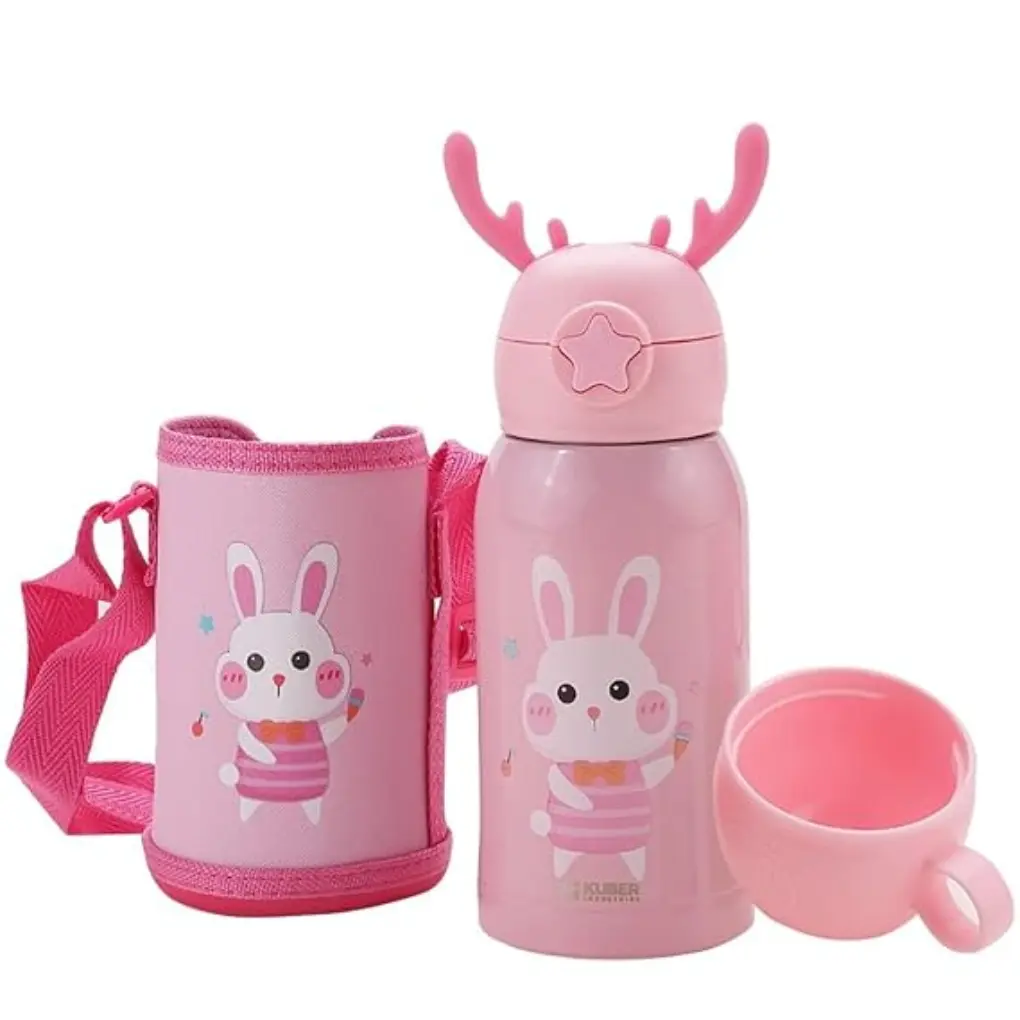 Bunny Design Stainless Steel Flask with Straw, Cup & Fabric Cover